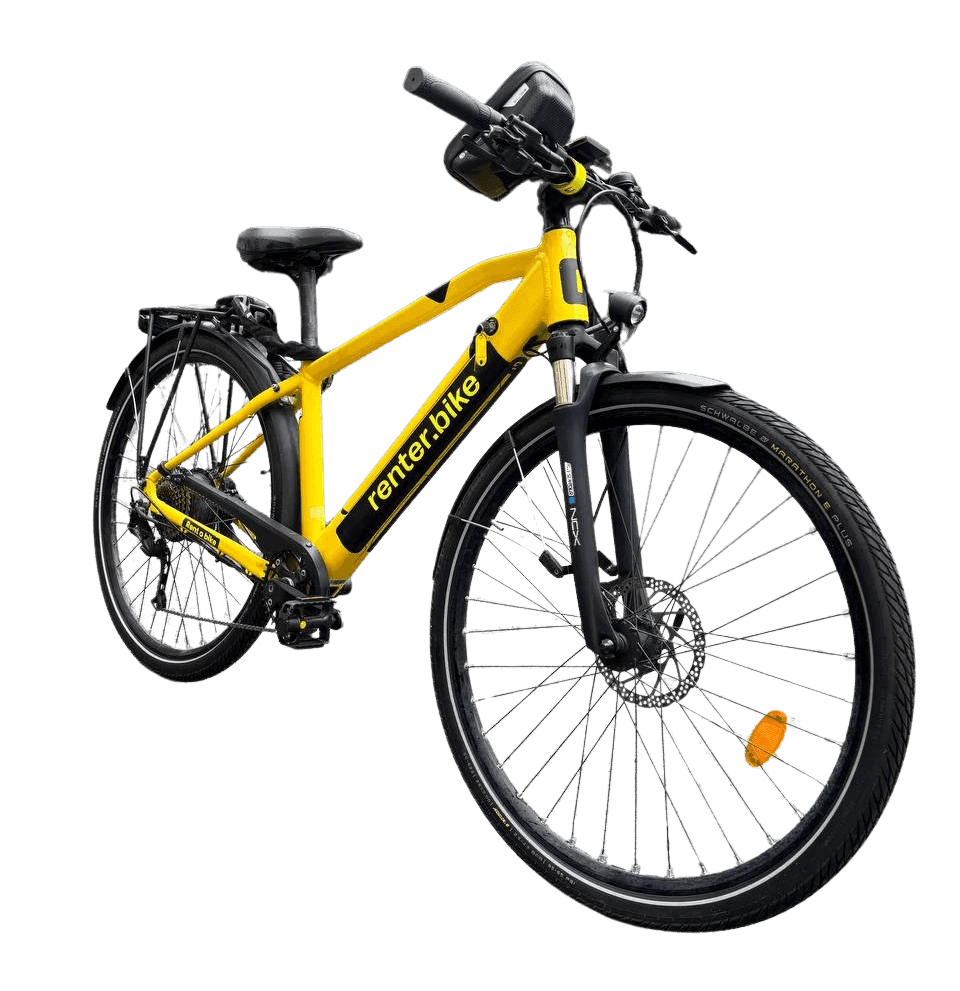 Yellow Econic electric bike seen from the front right