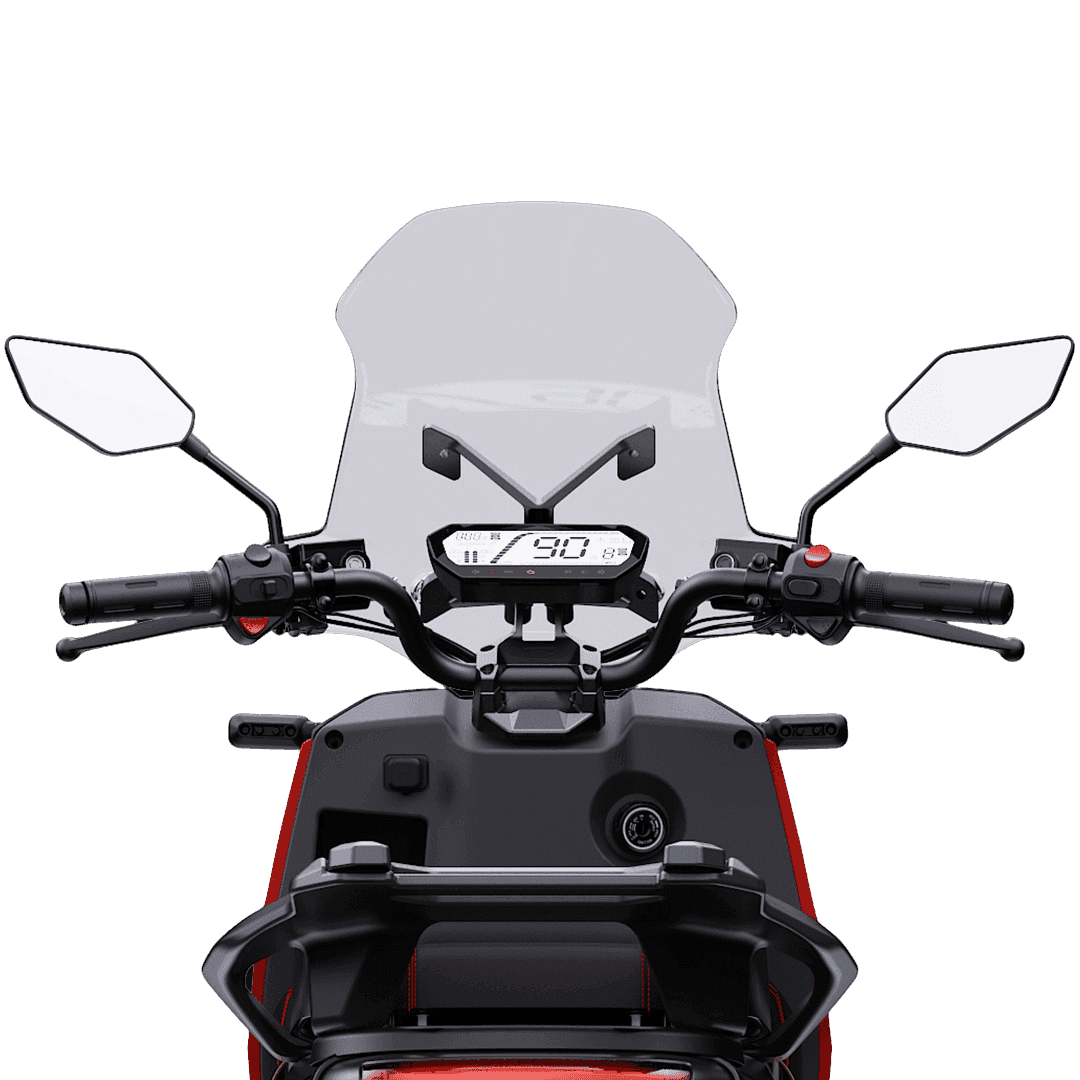 Rider's view of the Vmoto handlebar, mirrors and digital display