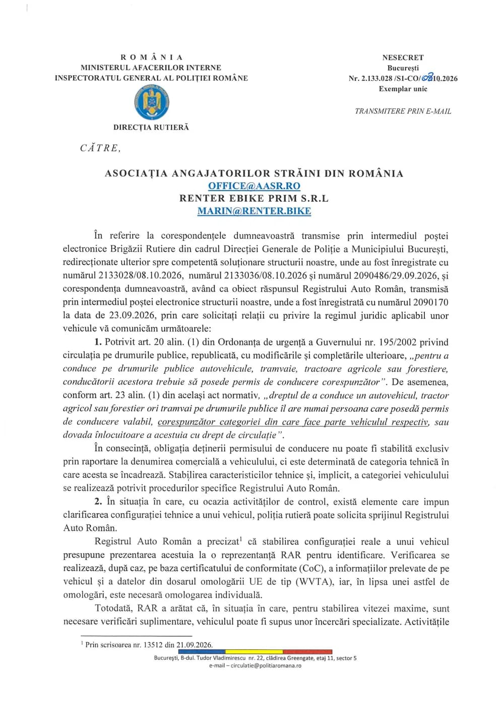 First page of the Romanian Police Road Directorate letter.