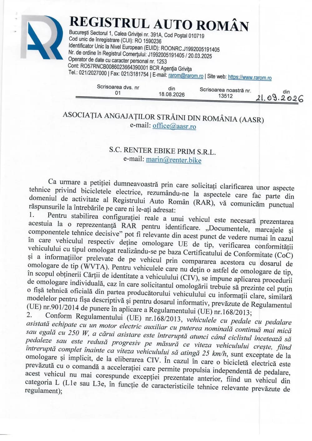 First page of the Romanian Auto Register letter.